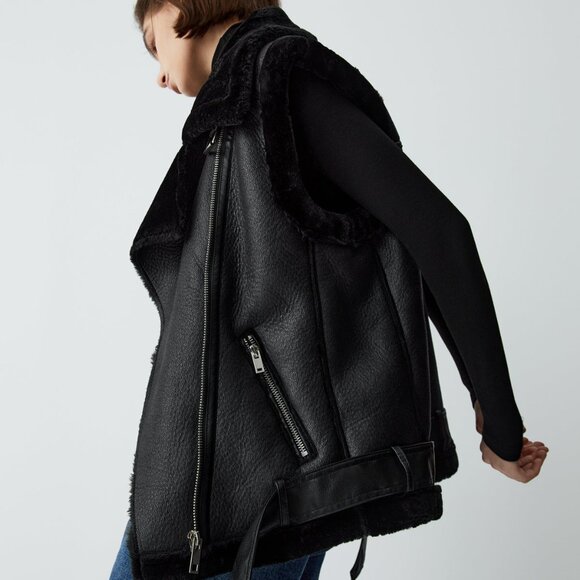 House Of Harlow 1960 Moto Faux Fur + Faux Leather Vest (Black) - Picture 4 of 16